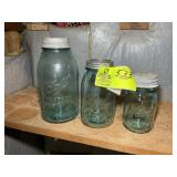 GROUP OF 3 BLUE GLASS BALL JARS WITH ZINC LIDS