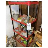 4 TIER RED AND BLACK SHELF WITH CONTENTS, MISC FAS