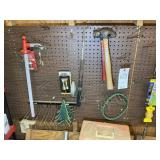 CONTENTS OF PEG BOARD INCLUDING, HAMMERS, PLUM BOB