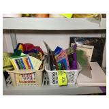 SHELF WITH ASSORTED MAGICIAN AND CLOWN PROPS