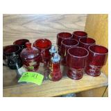GROUP OF RED GLASS CUPS, SALT N PEPPER, CREAM AND