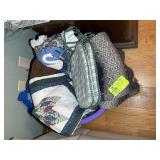 PLASTIC TUB WITH MISC BLANKETS, PILLOW SHAMS, ETC