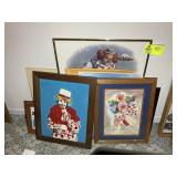 GROUP OF CLOWN RELATED PICTURES, MIRROR, PAINT ON