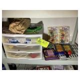 SHELF WITH ASSORTED CLOWN AND MAGICIAN PROPS, CARD