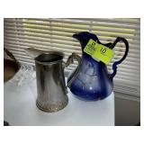 TWO WATER PITCHERS, ONE METAL ONE IRONSTONE