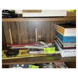 SHELF WITH ASSORTED SEWING RELATED ITEMS, SINGER M