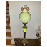 APPEARS TO BE FENTON BURMESE TABLE LAMP, APPROX 38