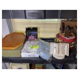 SHELF WITH MISC BOXES, DECORATIVE ITEMS, ETC