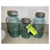 GROUP OF 3 BLUE GLASS BALL JARS WITH ZINC LIDS
