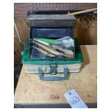 GREEN AND TAN TACKLE BOX, FULL, LURES, ETC