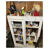 CONTENTS OF WHITE CABINET, PAINT, STAIN, WD-40, LI
