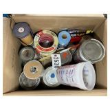 BOX WITH MISC PAINT SUPPLIES, PAINT, MIXING BUCKET