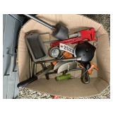 BOX WITH MISC ITEMS INCLUDING, TRIMO PIPE WRENCH,