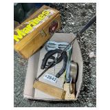 BOX WITH VINTAGE HORSE SHOES, ICE SKATES, WOODEN B