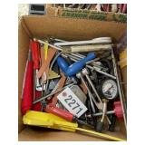 BOX OF MISC HAND TOOLS, TAPE MEASURE, GAUGES, ETC