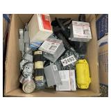BOX WITH MISC ELECTRICAL ITEMS INCLUDING, BOXES, E