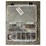 PLASTIC STORAGE BIN WITH CONTENTS, TAP AND DIES