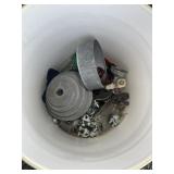 BUCKET WITH MISC PULLEYS, SPROCKETS, CHAIN