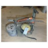Group, including vintage pump, black, flag sprayer