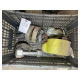 PLASTIC CRATE WITH MISC. CASTERS, WHEELS, AND 4 IN