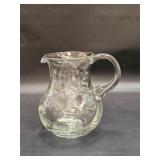 VINTAGE HEAVY ETCHED FLOWER CLEAR GLASS PITCHER
