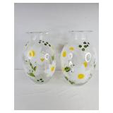 Pair of Hand-Painted Clear Glass Daisy Vases