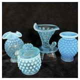 Fenton Blue Hobnail Vases, Honey Jar, Cornucopia >