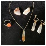 Stone agate quartz necklace ring earrings &>