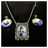 Vintage blue delft porcelain necklace & earrings