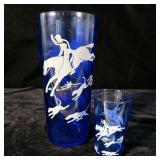Vintage Hazel Atlas Blue Tally Ho Fox Hunt Glass >