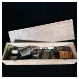 Burnwood Box Filled w/ misc. Vintage Items