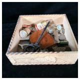 Burned Wood Box Full of Misc. Vintage Trinkets