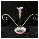 Victorian 1890s Vaseline & Pink Opalescent Epergne
