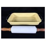 Antique Yellow Enamelware Casserole Dish, White >