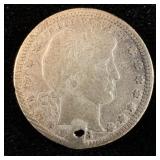 1908-D Silver Barber Quarter Holed