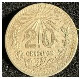 1927 Mexican Silver 20 Centavos