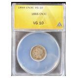 1866 Silver 3 Cent Piece VG10 ANACS