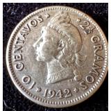 Silver 1942 Dominican Republic 10 Centavos