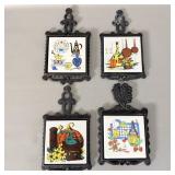 (4) antique cast-iron porcelain farmhouse trivets