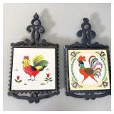 (2) vintage cast-iron porcelain rooster trivets