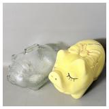 Anchor Hocking Glass Piggy Bank & Yellow Pottery >