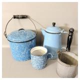 Enamelware Bucket, Bucket w/ Lid, Strainer &
