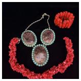 Faux turquoise and coral stone bib necklace