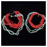 Faux turquoise and coral multi strand necklaces