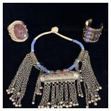 Beaded nickel silver dangle necklace, faux stone