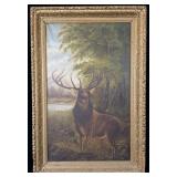 Large antique oil painting of red stag elk >