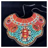 Large faux turquoise coral bone bead bib necklace