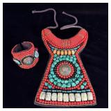 Large faux turquoise & coral brass bib necklace