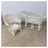 white wicker bassinet and rocking chair