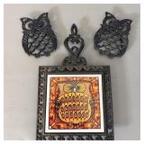 (3) Vintage Owl Cast Iron & Porcelain Trivets